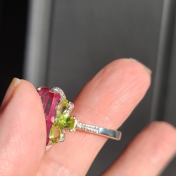Pink Topaz massive 8k emerald cut with pear shape Peridot sterling ring sz 8 - Picture 16 of 17